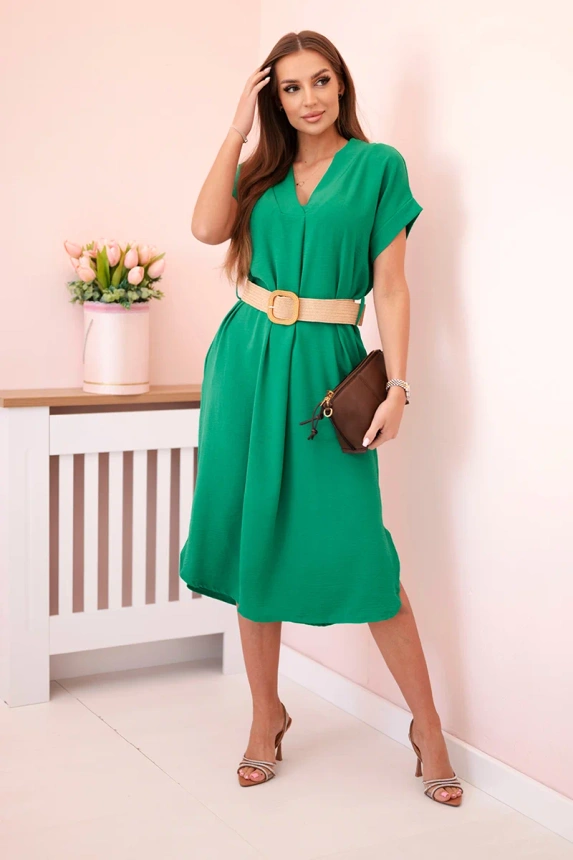 Dress with a decorative belt green