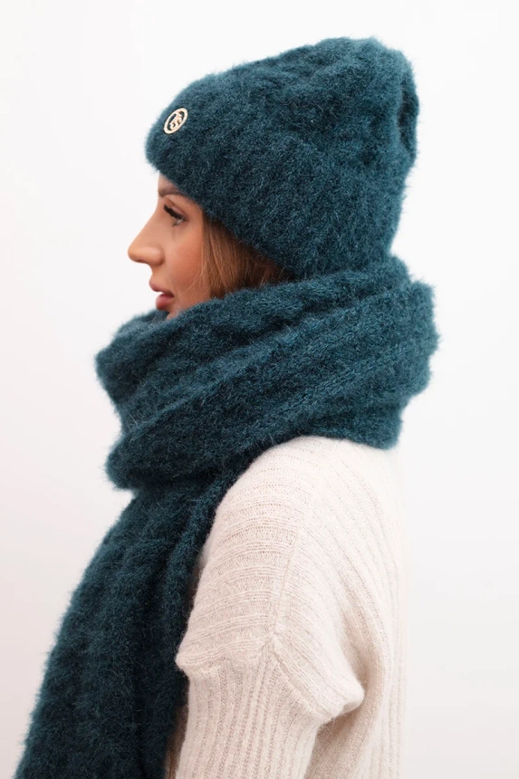 Women's set hat and scarf ribbed with decoration sea green
