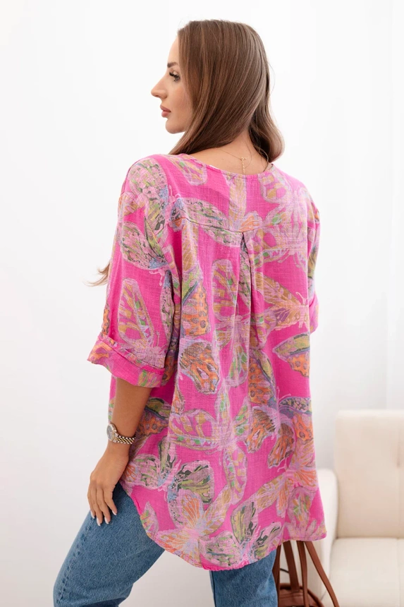 Women's cotton blouse with a butterfly pattern and buttons - pink