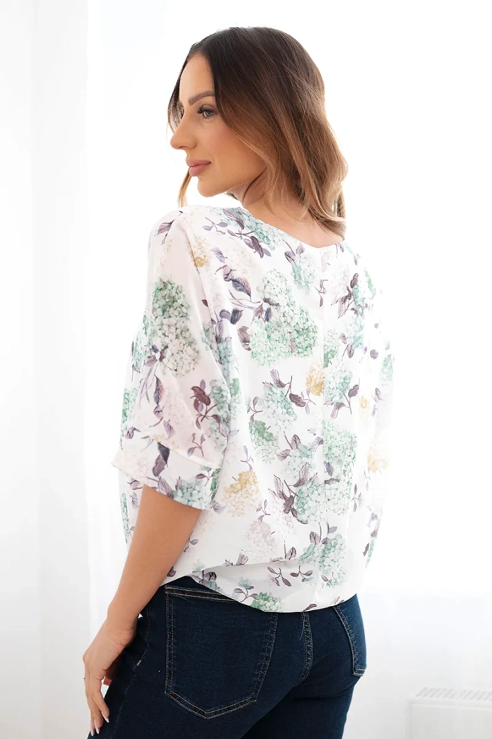 Women's floral blouse with tie at the hem dark mint