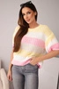 Women's openwork sweater in colorful stripes with short sleeves yellow