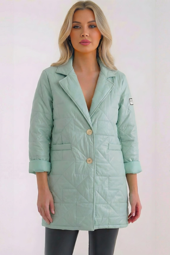 Dámská bunda Plus Size prošívaná s ozdobnými knoflíky a límcem tmavě mátová