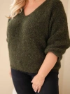 Moteriškas megztinis Plus Size su V formos iškirpte ir plačiu rankovu khaki
