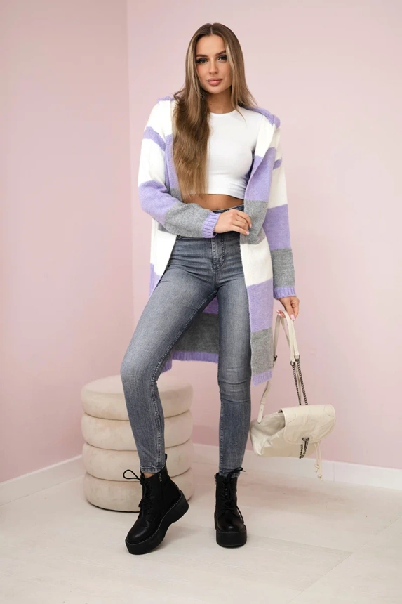 Three-color striped sweater ecru+purple+gray