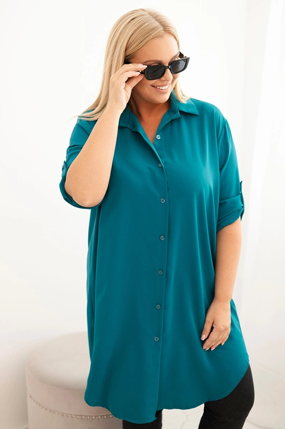 Dámská košilová šaty Plus Size s delším zadním dílem a ohrnovacími rukávy mořská