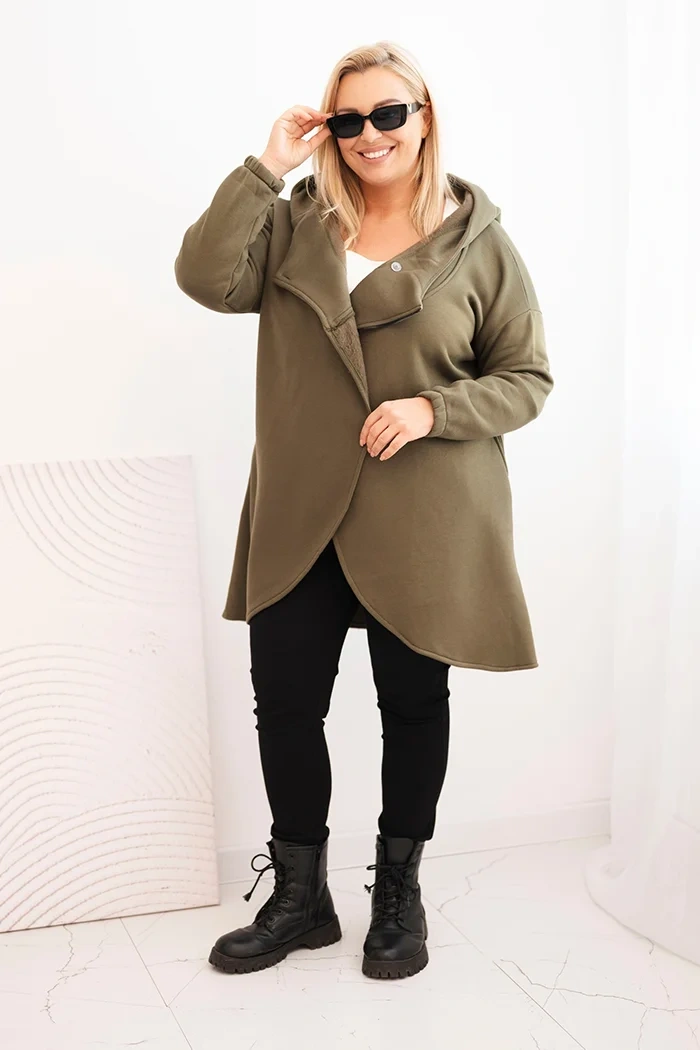 Damenpullover Plus Size gefüttert mit Kapuze und asymmetrischem Reißverschluss khaki