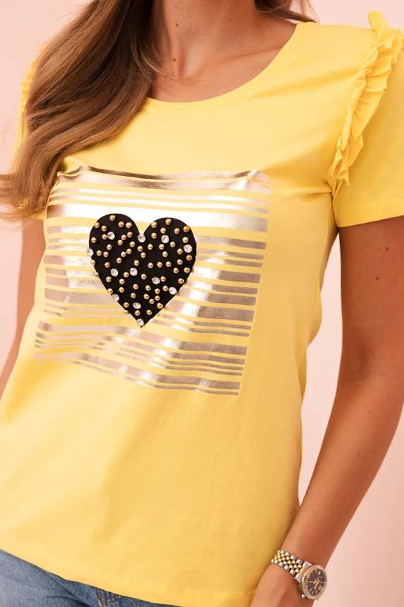 Women's cotton blouse with ruffle and heart made of rhinestones yellow