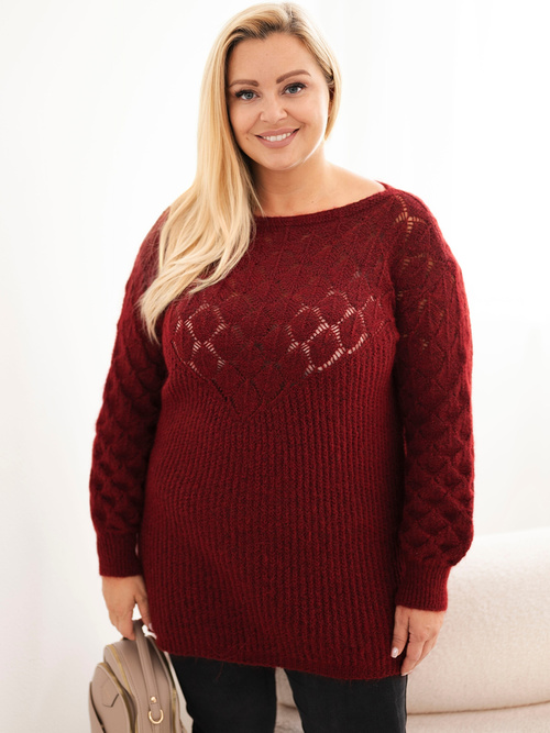 Sweter damski Plus Size z dzianiny ażurowy z długim rękawem bordowy