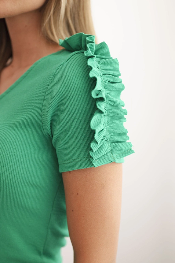 Cotton women's one-shoulder blouse with ruffle green