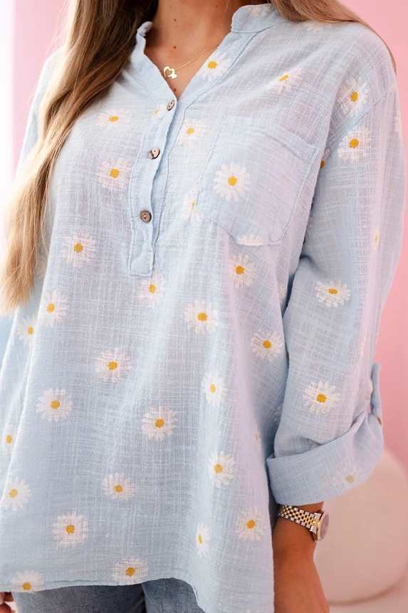Linen Women's Blouse with Floral Pattern, Long Sleeves, and Buttons Blue