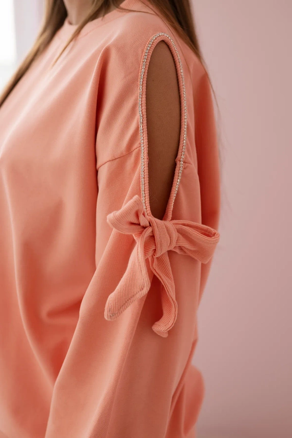 Set of sweatshirt with a bow on the sleeves and leggings salmon