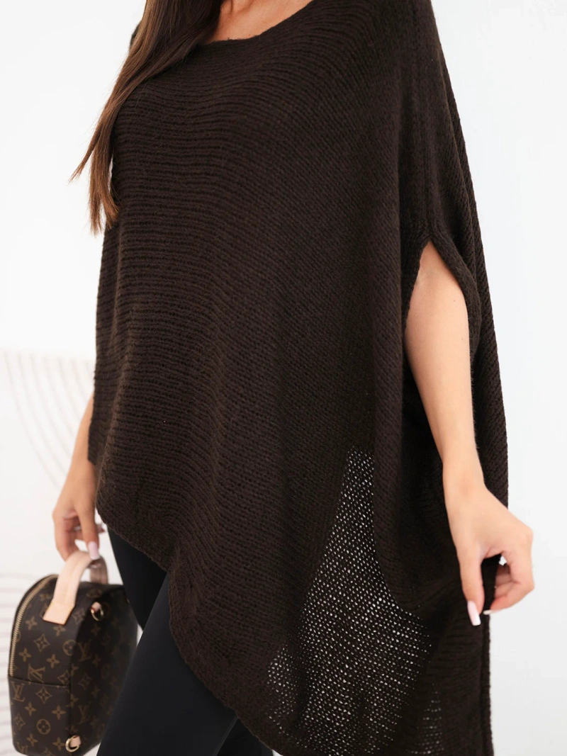 Women's asymmetrical poncho sweater with mohair and wide neckline brown