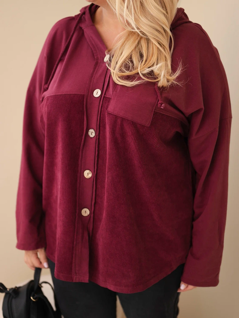 Damen Baumwoll Kapuzenpullover mit Knöpfen Plus Size bordeaux