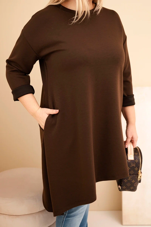 Damenkleid in Übergröße aus Viskose mit lockerer Passform und langen Ärmeln braun