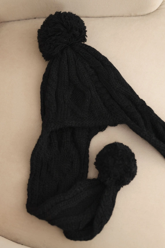 Women's winter wool hat with pom-poms and extended sides K448 black