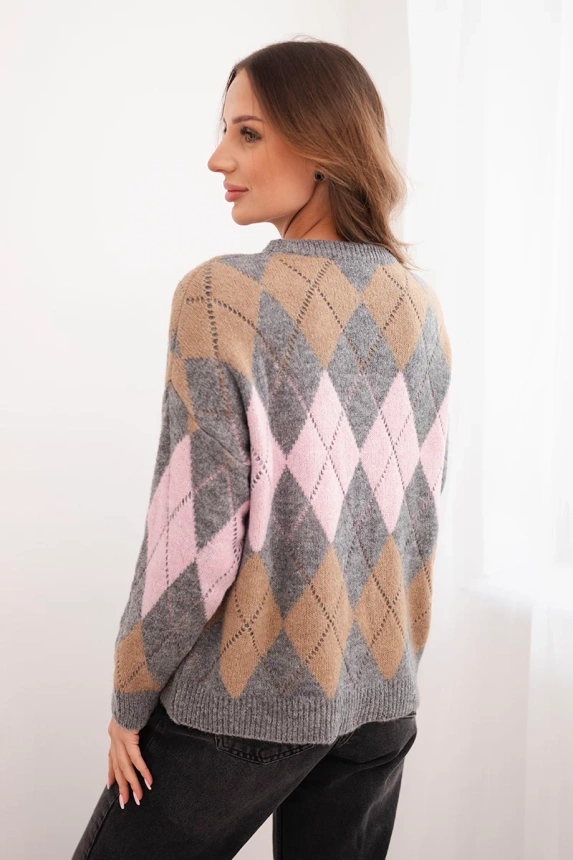 Women's sweater with a lace pattern and round neckline in diamonds with wool gray