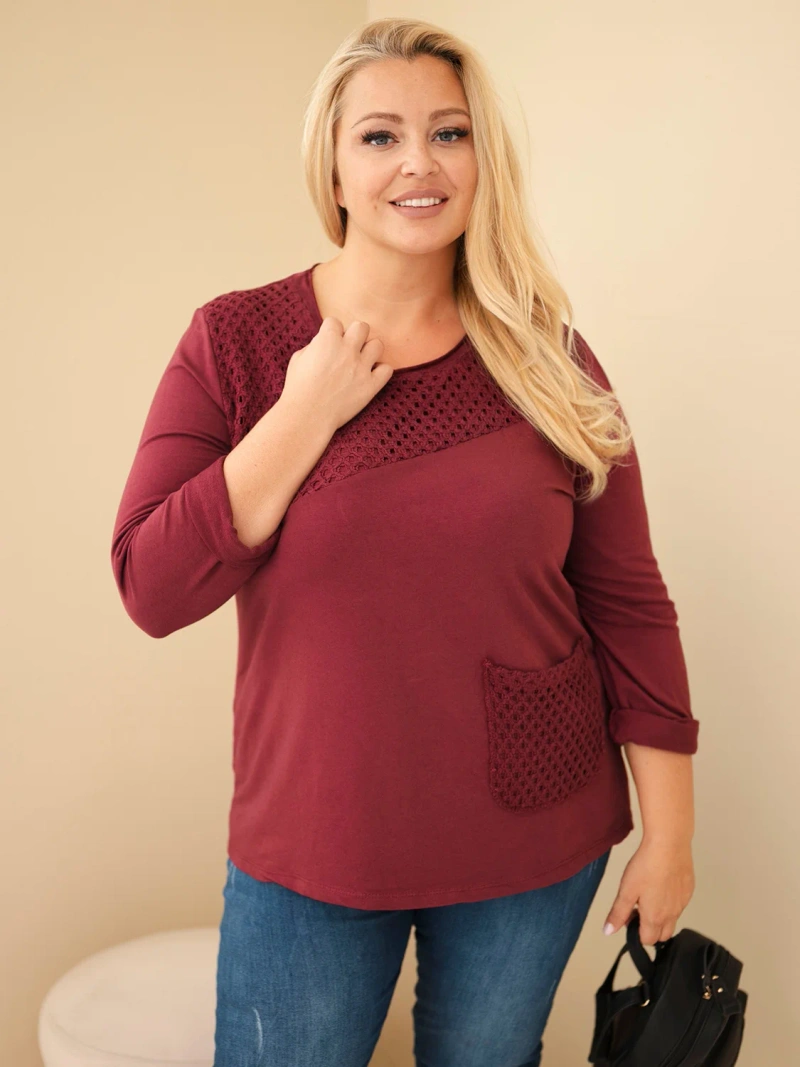 Dámska bavlnená mikina Plus Size s čipkovou vsadkou a vreckom bordová