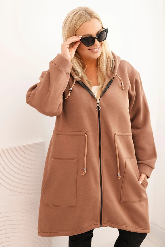 Women's insulated Plus Size hoodie with a V-neck brown