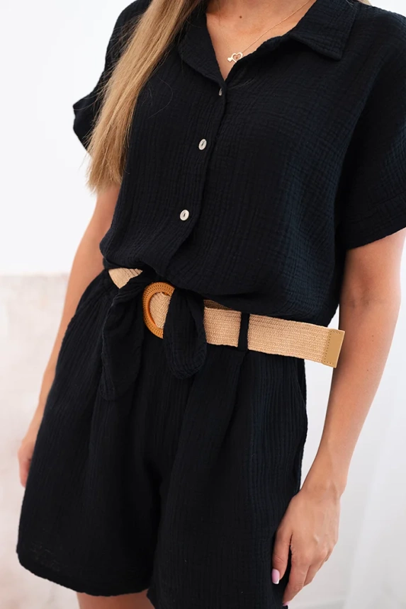amen-Musselin-Set mit gebundener Bluse und Shorts mit Gürtel schwarz