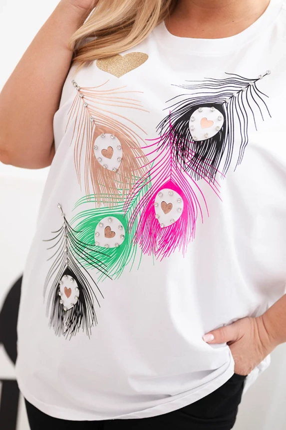 Damen Baumwollbluse in Übergröße mit Feder-Motiv weiß + rosa