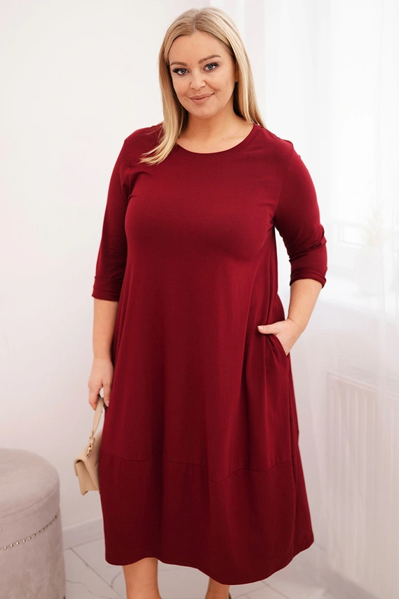 Dámská bavlněná sukně Plus Size s ohrnovacími rukávy a kapsami bordová