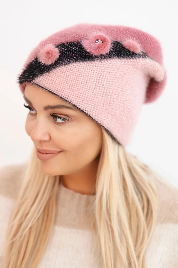 Elegant women's hat with fur decorations and a glittery band dark pink