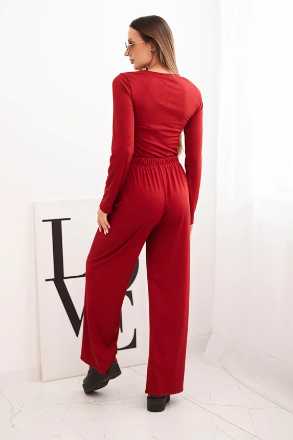 Women's viscose set with a blouse and wide pants burgundy