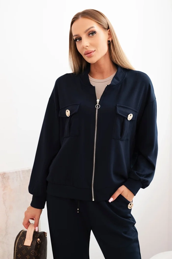 Damen-Set aus Viskose mit offener Jacke und Hose butterfarben granatowy