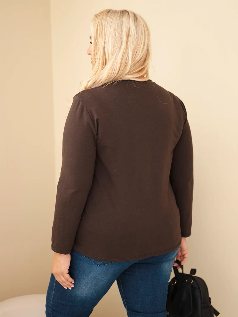 Women's cotton Plus Size sweatshirt with a lace insert and pocket brown