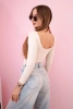 Damen-Bodysuit-Bluse mit langen Ärmeln und tiefem Ausschnitt beige