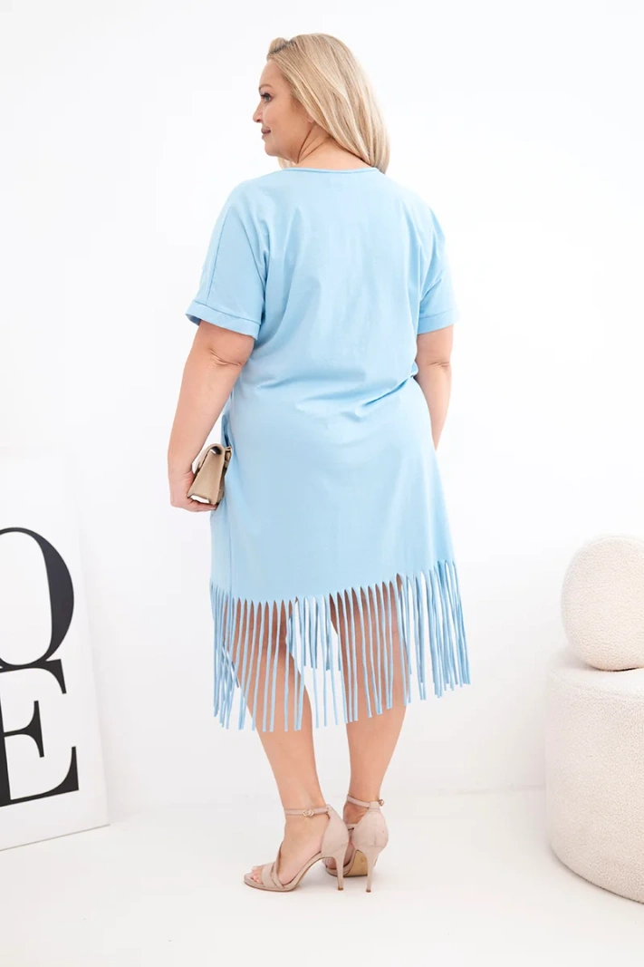 Damen-Baumwollkleid mit V-Ausschnitt und Fransen Plus Size blau