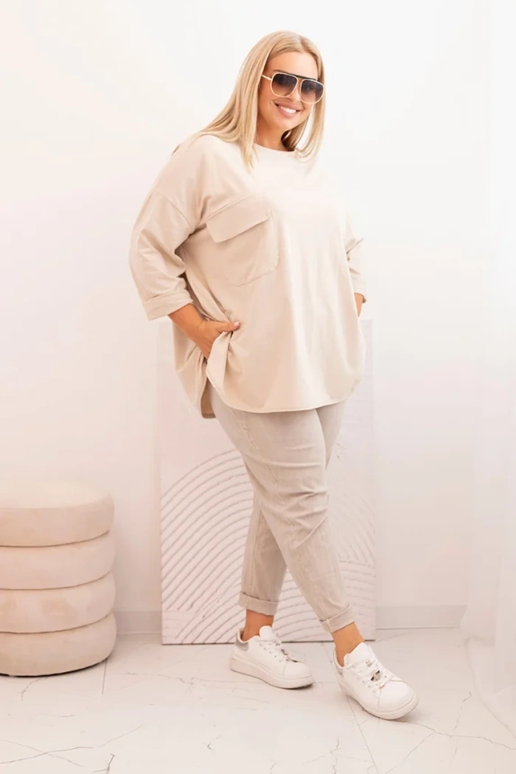 Dámská blůza Plus Size s bavlnou, kapsou a ohrnutým rukávem béžová