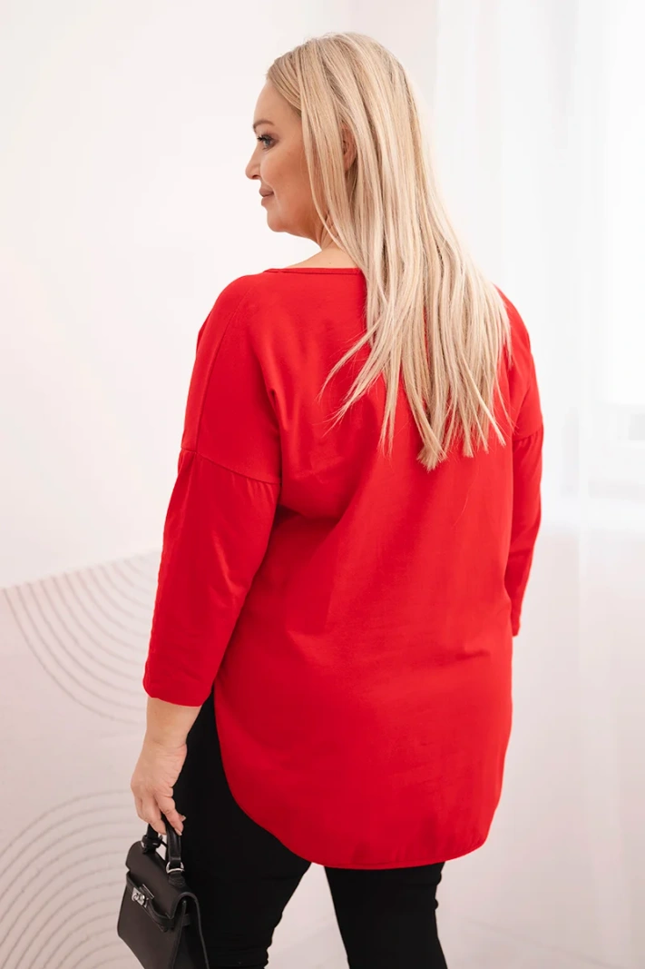 Dámska bavlnená blúzka Plus Size s V výstrihom a srolovanými rukávmi červená