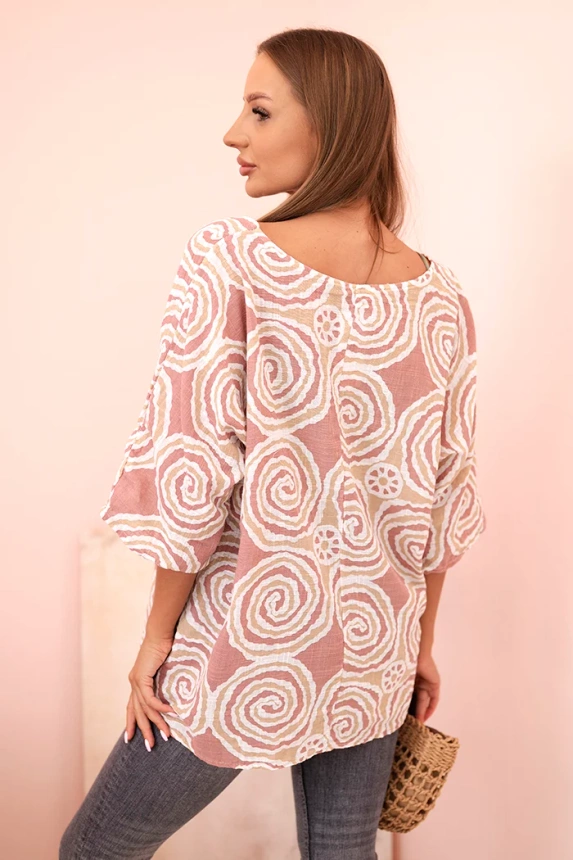 Women's cotton blouse with ethnic patterns and rolled-up sleeves dark pink