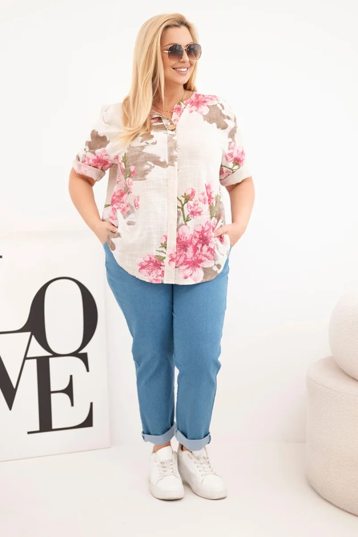 Damen Baumwollbluse Plus-Size mit V-Ausschnitt und Blumenmuster beige