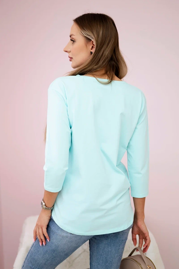 Palaidinė su 3D grafika su cirkonais mėtų spalvos