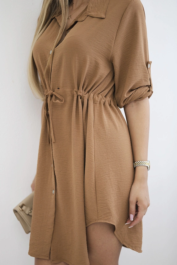Dress with button closure and tie at the waist dark camel
