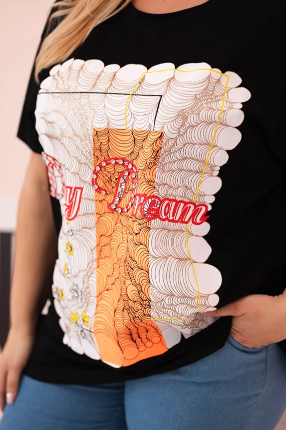 Women's Plus Size Cotton Blouse with “Day Dream” Print black + orange