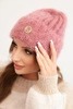 Ladies' ribbed cap made of fluffy viscose with a decorative metal button dark pink