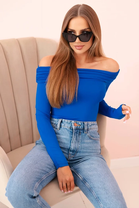 Langärmelige Damen-Bodysuit-Bluse mit nackten Schultern kornblumenblau