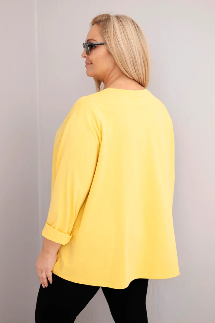 Plus size women's blouse with cotton, long sleeves and gathering yellow