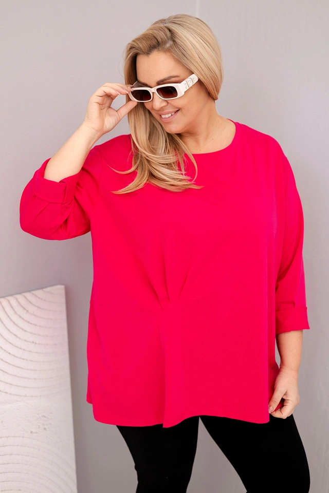 Bluzka damska plus size z bawełną z długim rękawem i marszczeniem fuksja