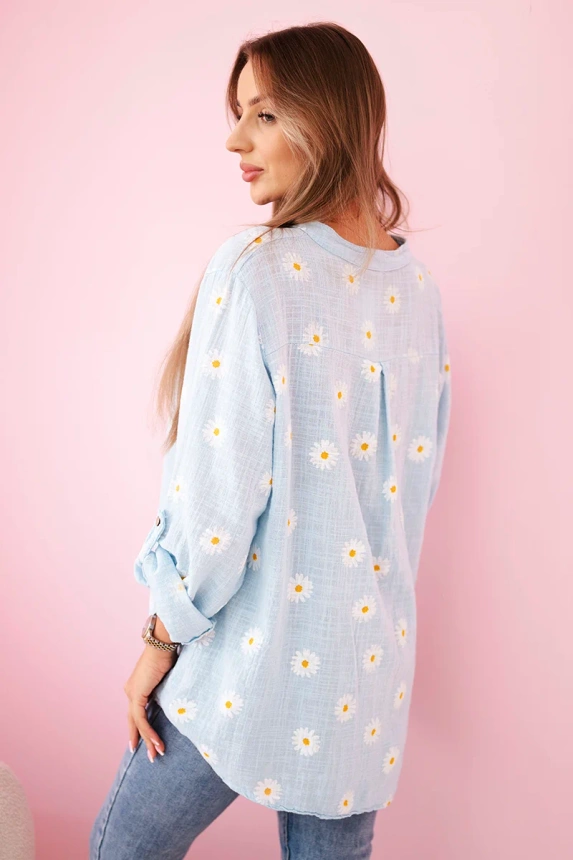 Linen Women's Blouse with Floral Pattern, Long Sleeves, and Buttons Blue