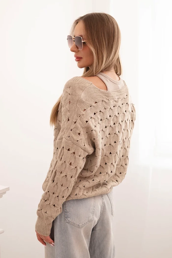 Damenpullover aus Spitze mit V-Ausschnitt und goldenen Knöpfen dunkel beige