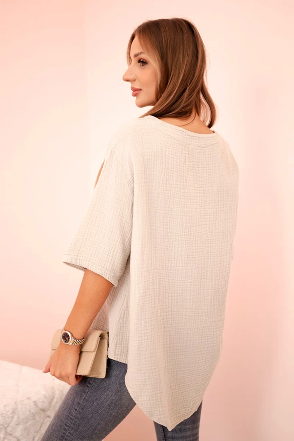 Women's muslin shirt with a button dark beige