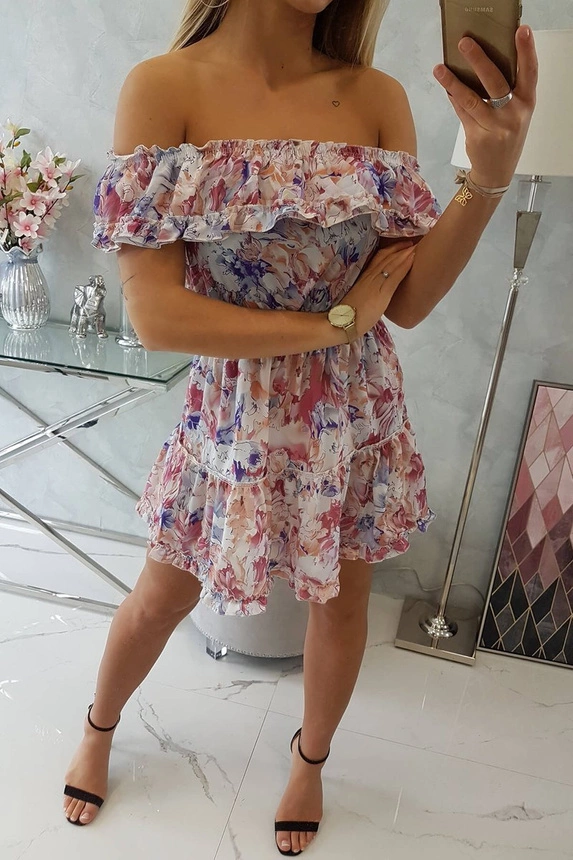 Geblümtes Kleid mit offenen Schultern, dunkelrosa