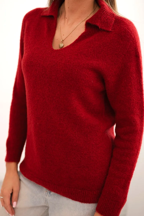 Damenpullover aus Baby-Alpaka mit Kragen und V-Ausschnitt bordeauxrot