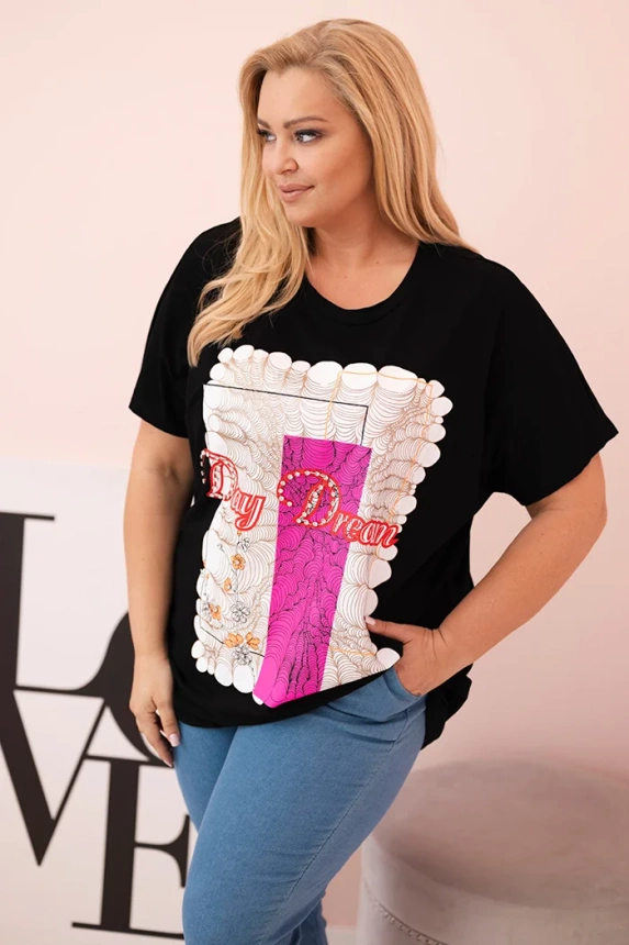 Dámská bavlněná halenka Plus Size s potiskem „Day Dream“  černá + růžová