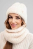Women's set hat and winter fluffy cowl with decorative emblem ecru