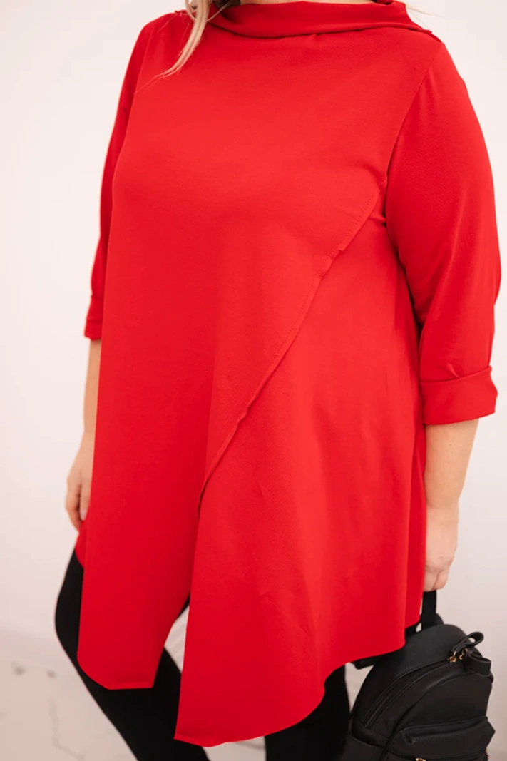 Women's cotton Plus Size asymmetrical blouse with rolled sleeves red